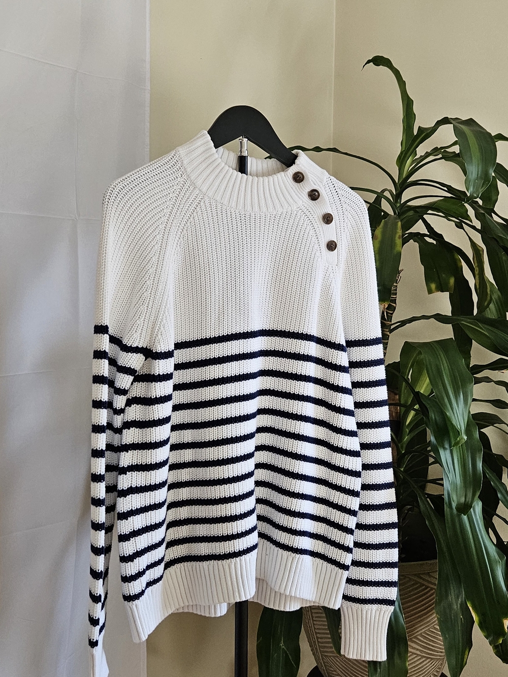 J. Crew White & Navy Striped Cowl-Neck Button-Shoulder Sweater - Picture 10 of 12